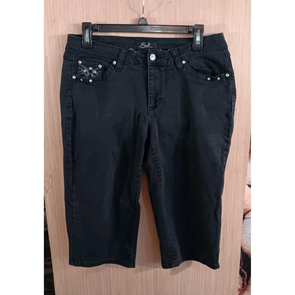 Earl Jeans 14P Women's‎ Black Mid-rise Capri Short Embellished Embroidered